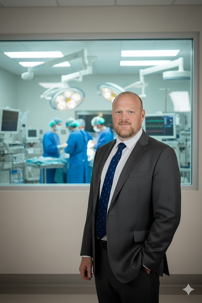 Mr Adam Peckham-Cooper standing outside an operating theatre